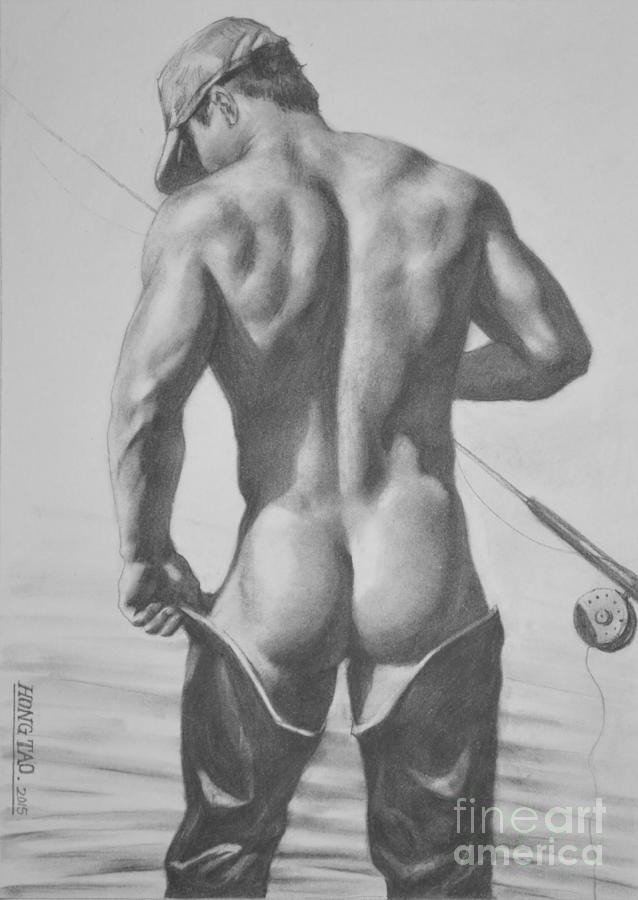 Original Drawing Sketch Charcoal  Pencil Male Nude Gay Interest Man Art Pencil On Paper -0031 Painting by Hongtao Huang