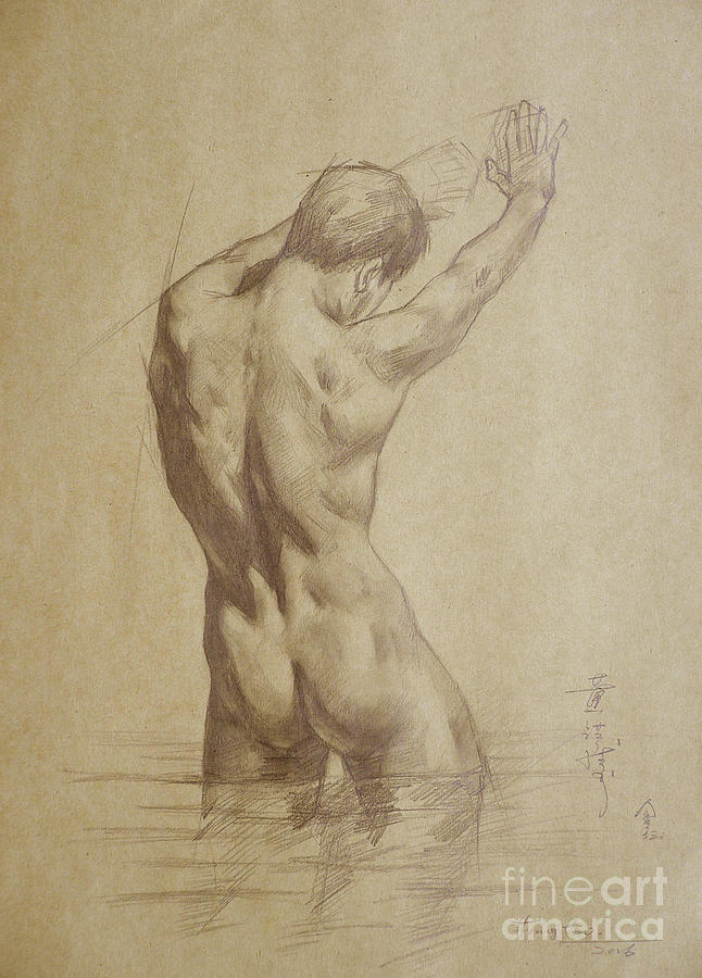 Original Drawing Sketch Erotic  Male Nude On Brown Paper#16-6-12-01 Drawing by Hongtao Huang