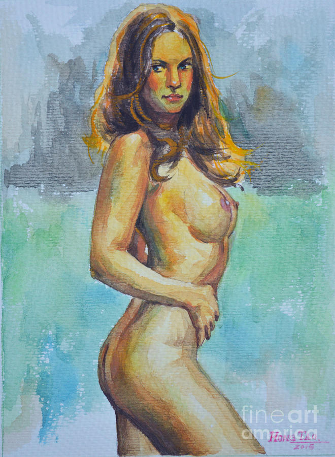 Original Drawing Watercolor Painting Female Nude Body Art Nude Girl Women On Paper -069 Painting by Hongtao Huang