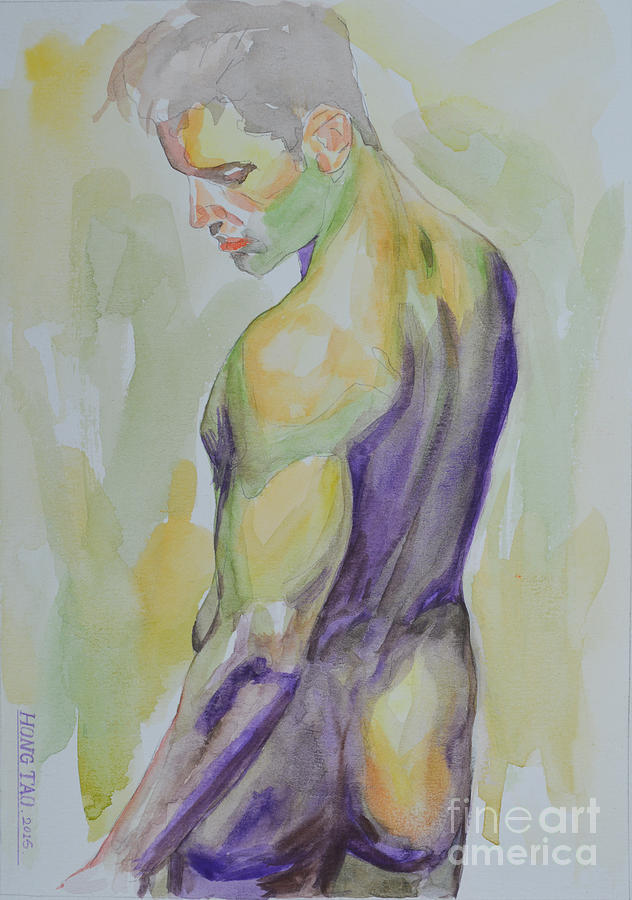 original DRAWING WATERCOLOR painting man body art male nude -070 Painting by Hongtao Huang