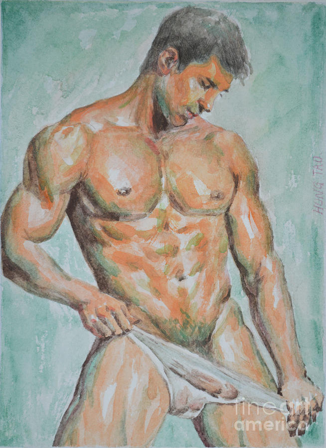 Original Drawing Watercolor Painting Man Body Art Male Nude On Paper-066 Painting by Hongtao Huang