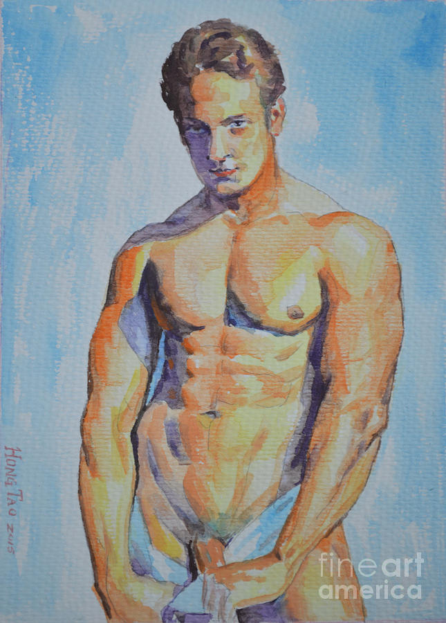Original Drawing Watercolor Painting Man Body Art-male Nudeon Paper-067 Painting by Hongtao Huang