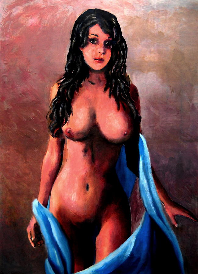 Original Fine Art Female Nude Jean Standing In Blue Painting by G Linsenmayer
