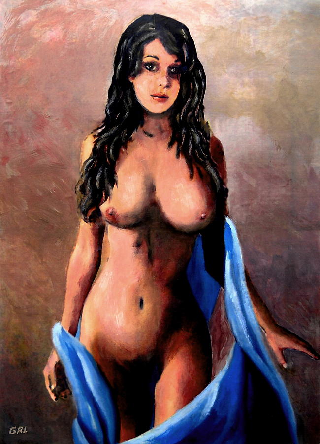 Original Fine Art Female Nude Jean Standing In Blue Mod3 Painting by G Linsenmayer