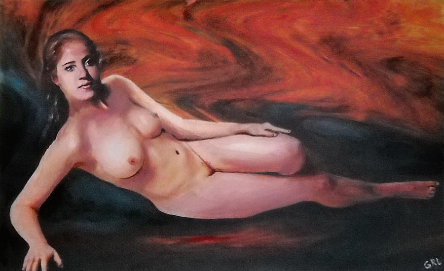 Original Fine Art Female Nude Reclining Background Swirls Of Orange Painting by G Linsenmayer