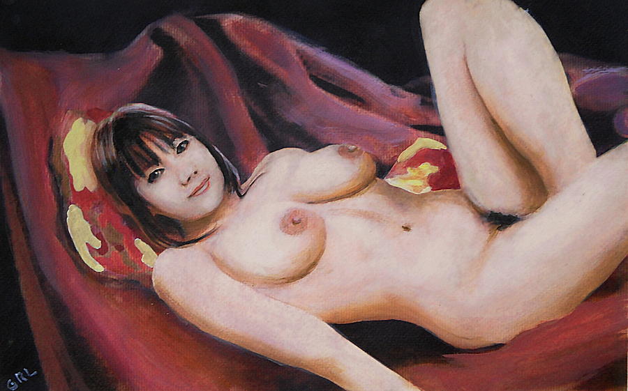 Original Fine Art Female Nude Sitting  Background Red Multimedia Painting Painting by G Linsenmayer