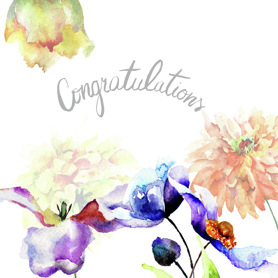 Original floral background with flowers and title Congratulation Painting by Regina Jershova
