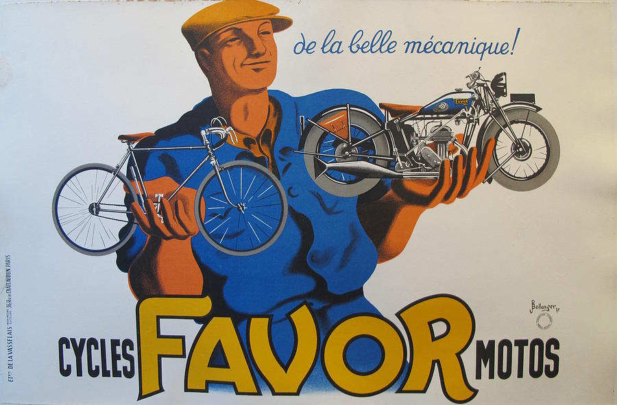 Vintage Drawing - Original French Horizontal Poster for Cycles Favor Motos by Jacques Bellenger and Pierre Bellenger