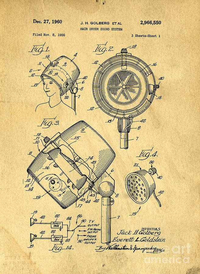 Vintage Drawing - Original Hair Dryer Patent by Edward Fielding