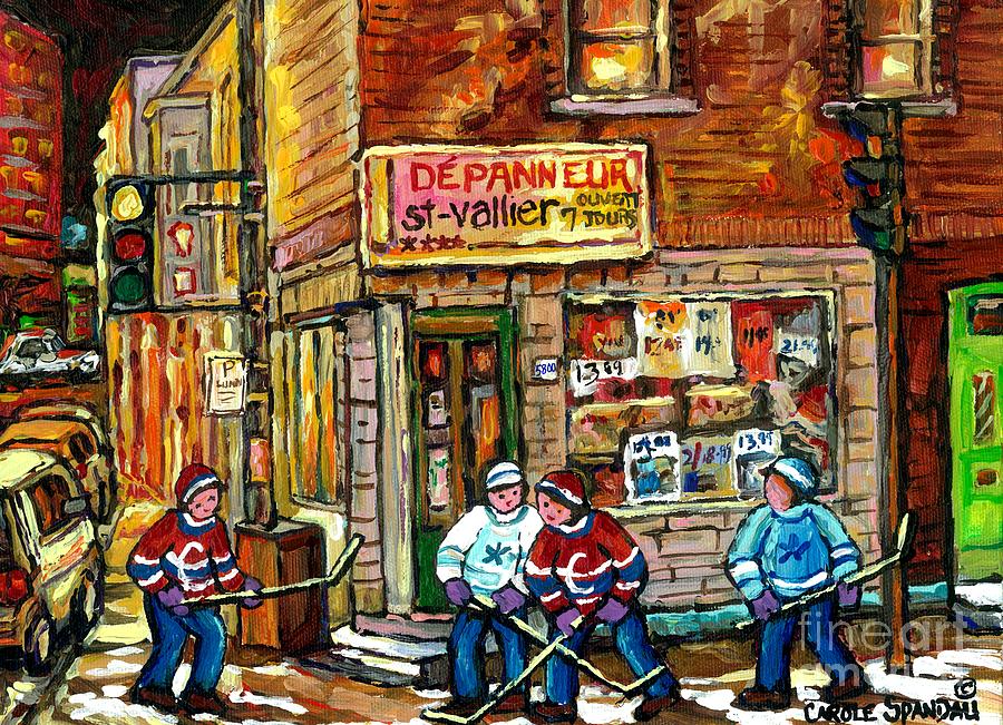 Original Hockey Art Painting For Sale Depanneur St Vallier Blvd Rosemont Quebec Snow Scene Canadian  Painting by Carole Spandau