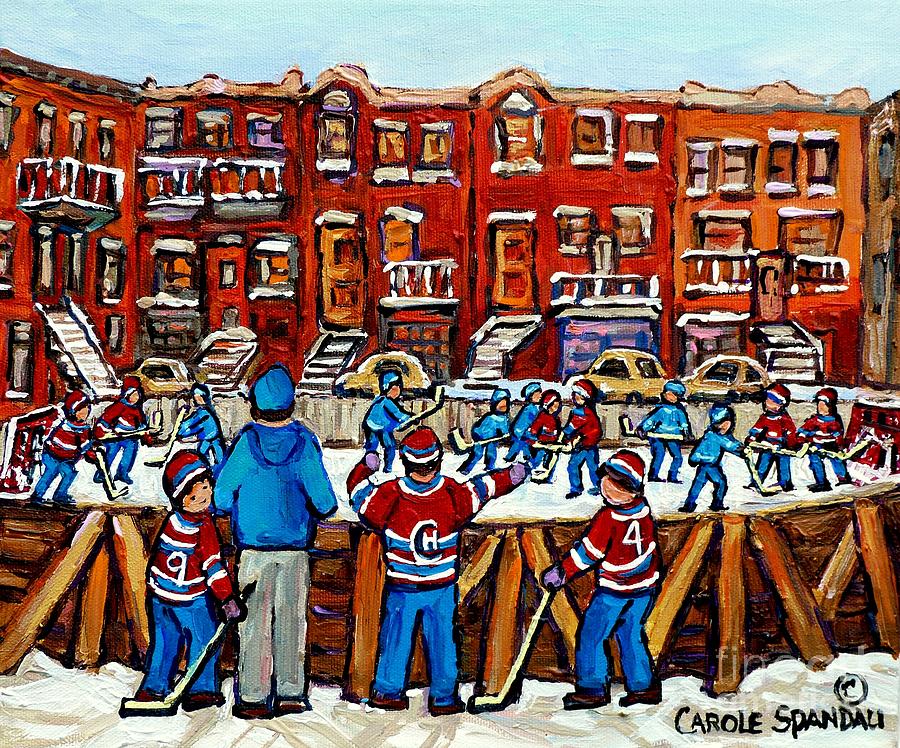 Original Hockey Art Paintings For Sale The Neighborhood Hockey Rink Canadian Winter Scenes Painting by Carole Spandau