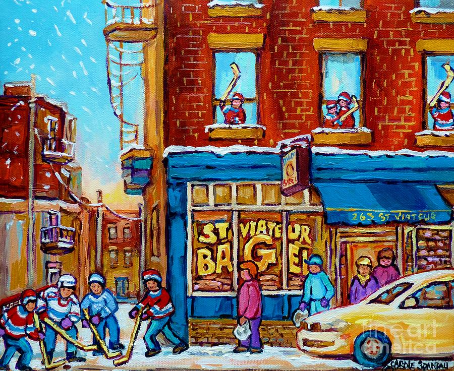 Original Hockey Art St Viateur Bagel Paintings For Sale Street Hockey In The Laneway Canadian Winter Painting by Carole Spandau