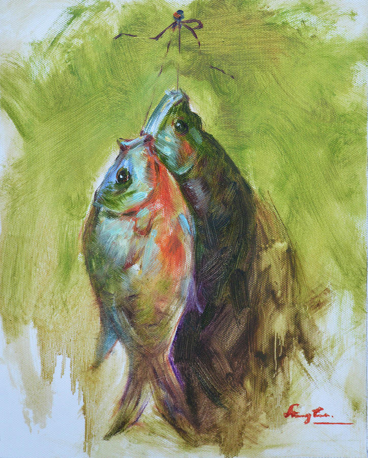 Animal Oil Painting  Art -fish On Canvas#16-2-6-19 Painting by Hongtao Huang
