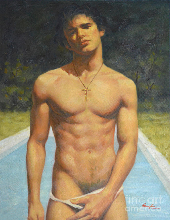 Original man oil painting gay body art- male nude by the pool Painting by Hongtao Huang