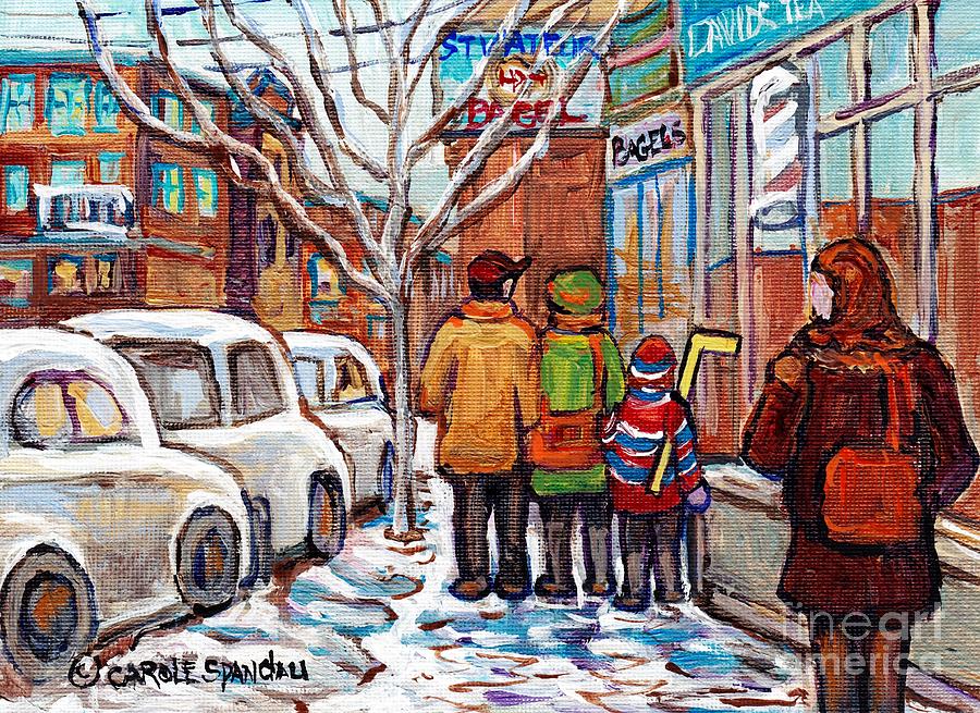 Original Montreal Art Work For Sale Winter Stroll Paintings Rue St Viateur Canadian Artist C Spandau Painting by Carole Spandau