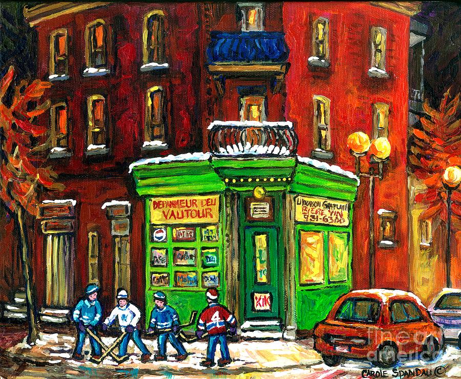 Original Montreal Winter Scene Painting For Sale Night Hockey Game Depanneur Vautour St Henri Canada Painting by Carole Spandau