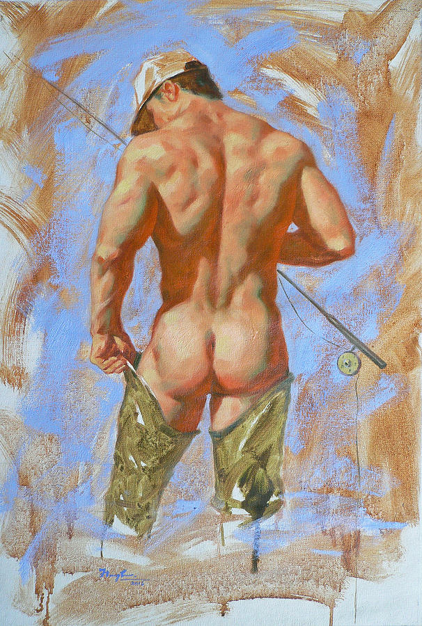 Original Oil Painting Art Male Nude Fisherman On Linen #16-2-20 Painting by Hongtao Huang