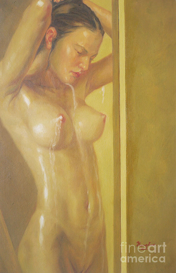 original oil painting body FEMALE NUDE art- nude girl in the bathroom Painting by Hongtao Huang