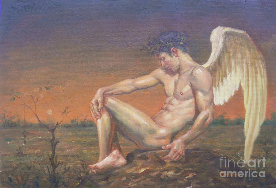 Original Oil Painting Nude Art Angel Of Male Nude On Linen#16-7-21 Painting by Hongtao Huang