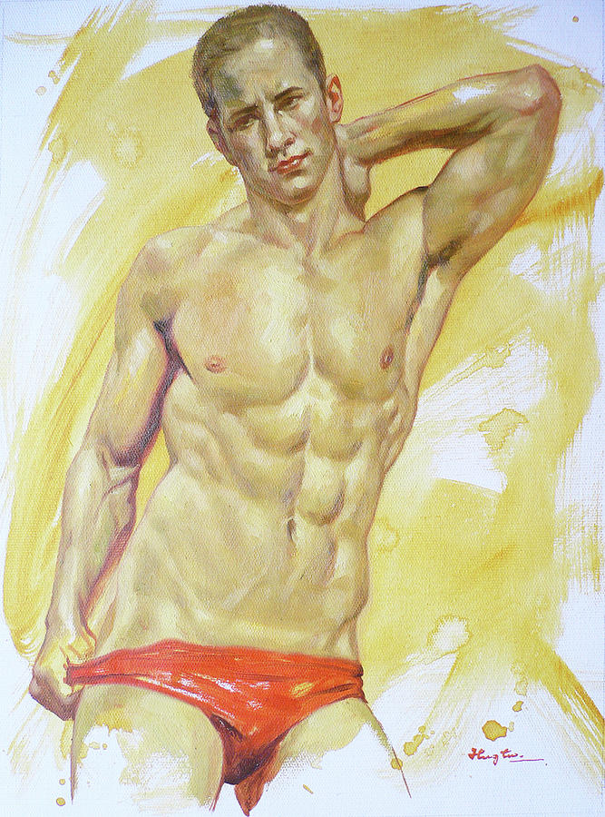Original Oil Painting Nude Art Male Nude On Linen#16-7-28 Painting by Hongtao Huang