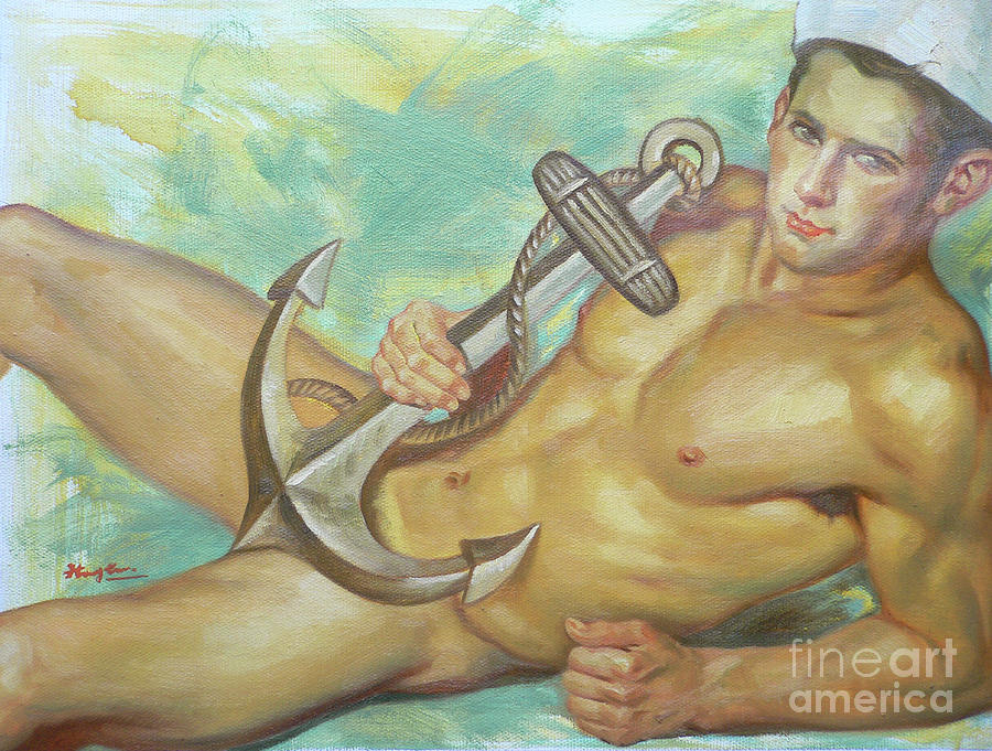 Original Oil Painting Nude Artwork Sailor Of Male Nude On Linen #16-8-9 Painting by Hongtao Huang