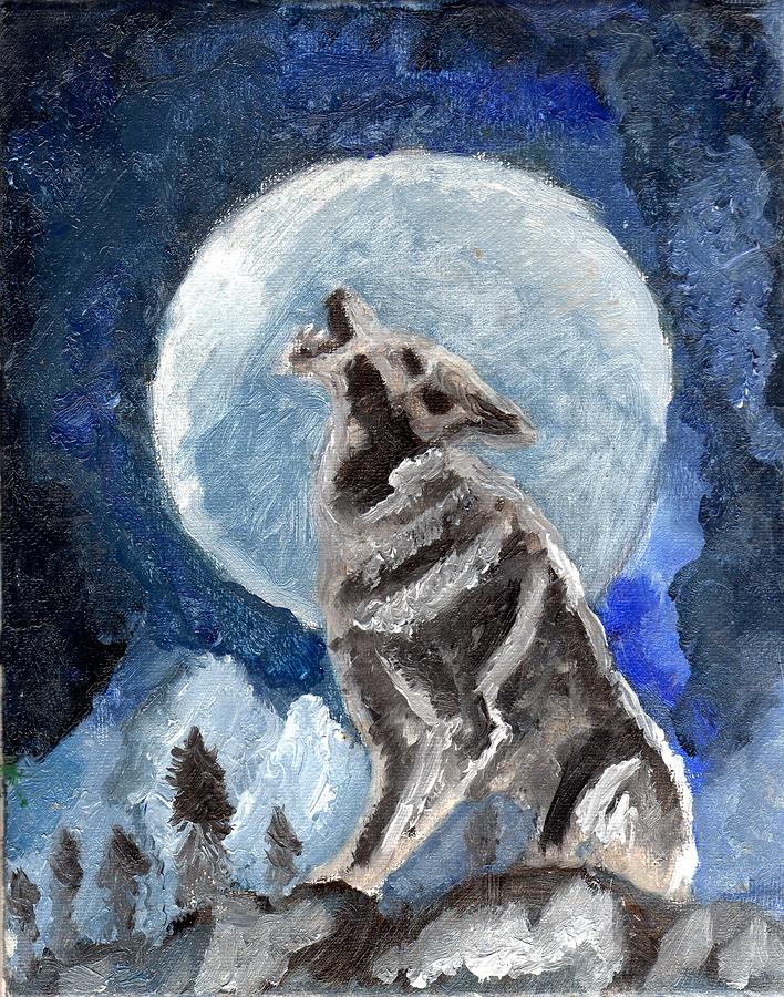Original Oil Painting Wolf Howling At A Perfect Moon Painting
