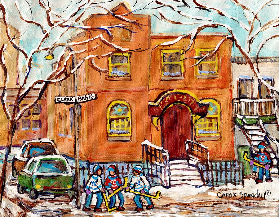 Bagg And Clark Synagogue Painting For Sale Montreal Hockey Kids Winter City Scene Artwork C Spandau Painting by Carole Spandau