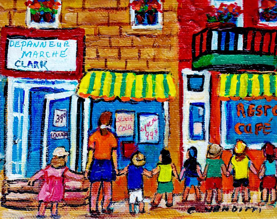 Original Painting Of Montreal For Sale Daycare Kids Fairmount Street Mile End Depanneur Summer Scene Painting by Grace Venditti