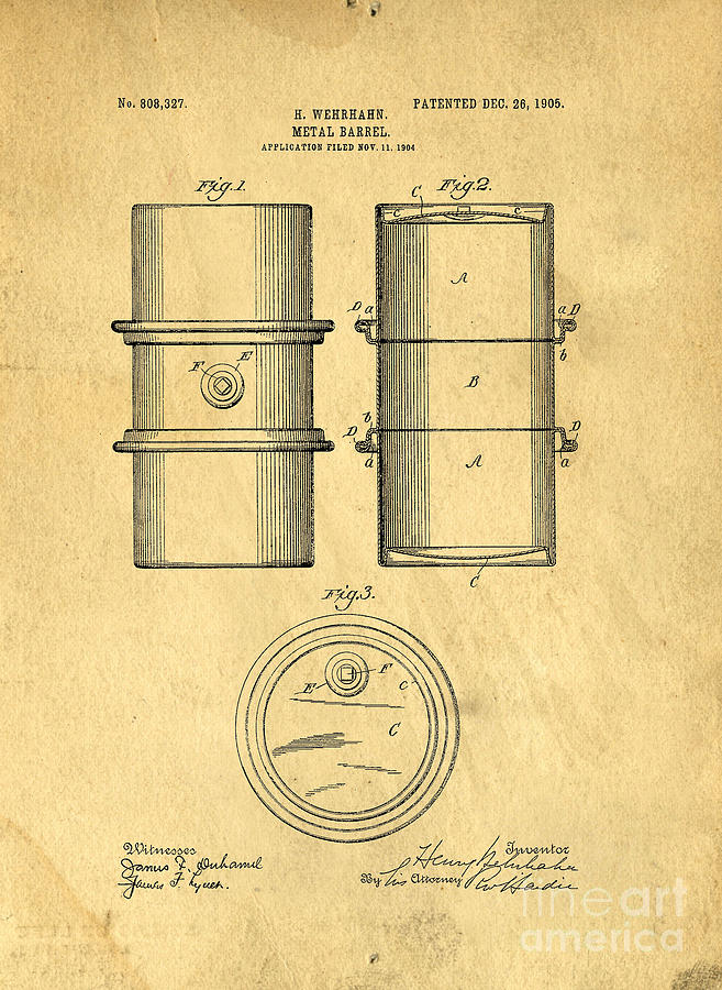 Original Patent for the first metal oil drum Drawing by Edward Fielding