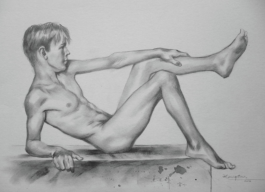 Original Pencil Drawing Male Nude Boy On Paper #16-9-29 Drawing by Hongtao Huang