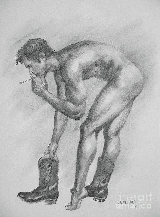 Original Pencil Drawing Male Nude Man Sketch On Paper #16-1-15-09. 