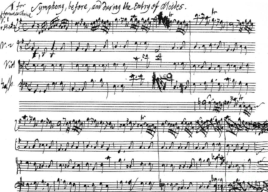 Original score of the beginning of the symphony accompanying the entry of Alcides Drawing by Handel