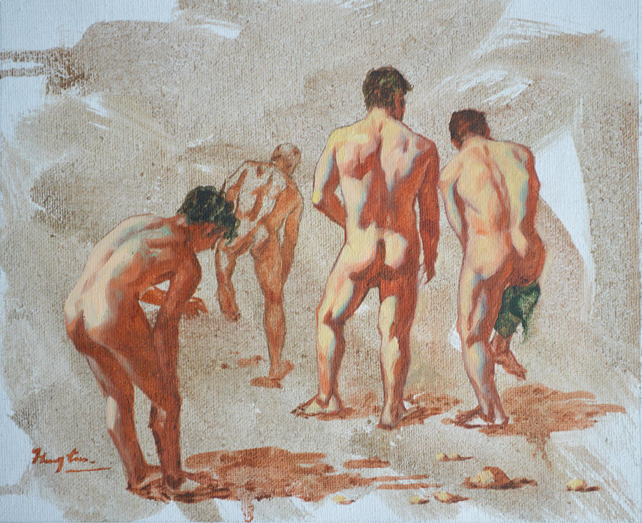 Original Sketch Oil Painting Artwork Male Nude Man Gay Interest On Canvas #9-019-2 Painting by Hongtao Huang
