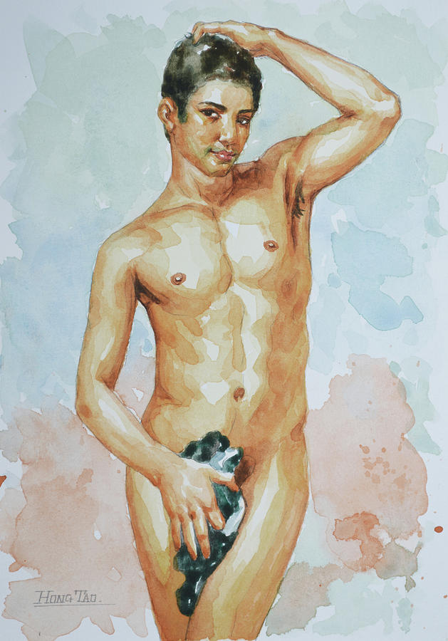 Original Watercolor Painting Art Male Nude Boy Gay Men On Paper#10-07-07 Painting by Hongtao Huang