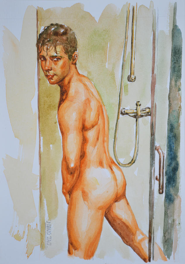 Original Watercolor Painting Art Male Nude Boy Gay On Paper#10-07-04 Painting by Hongtao Huang