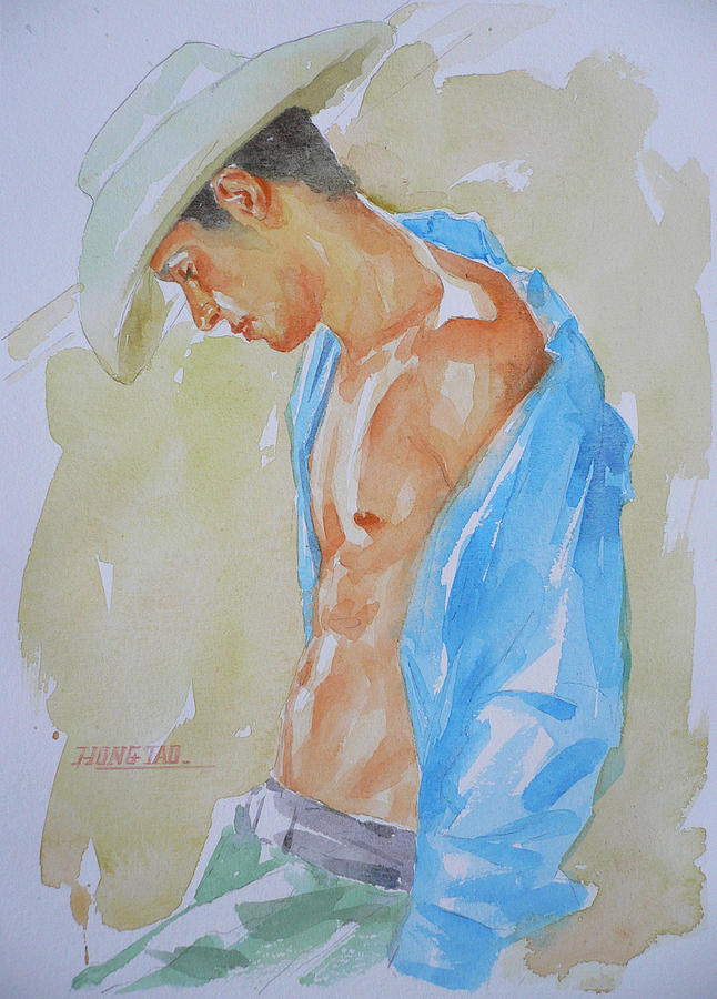 Original Watercolor Painting Art Male Nude Cowboy Men Gay Interest On Paper #12-30-01 Painting by Hongtao Huang