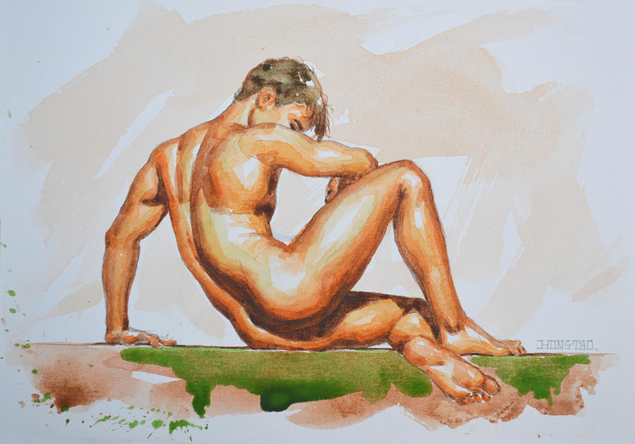 original watercolor painting art male nude gay interest man on paper by Hongtao#10-07-06 Painting by Hongtao Huang