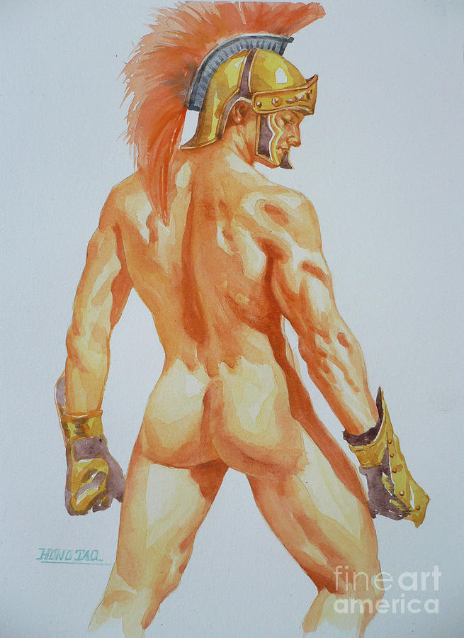Original Watercolor Painting Art Male Nude Men Gay Interest General  War On Paper #12-09-03 Painting by Hongtao Huang