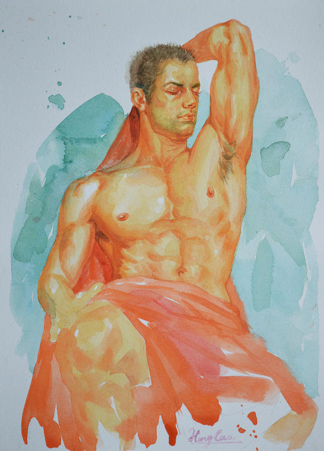 Original Watercolor Painting Art Male Nude Men Gay Interest  On Paper #12-11-01 Painting by Hongtao Huang