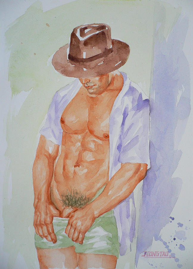 Original Watercolor Painting Art Male Nude Men Gay Interest On Paper #12-14-02 Painting by Hongtao Huang