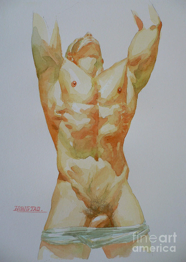 Original Watercolor Painting Art Male Nude Men Gay Interest  On Paper  #12-30-02 Painting by Hongtao Huang
