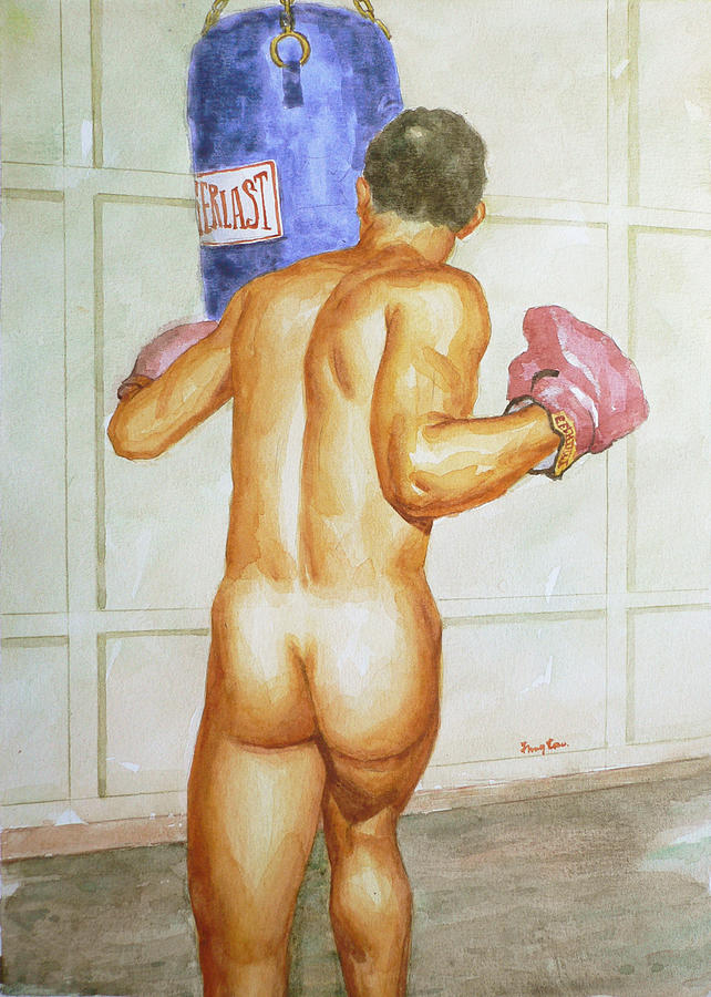 Original Watercolor Painting Artwork Male Nude Gay Men Boxer On Paper#10-25-02 Painting by Hongtao Huang