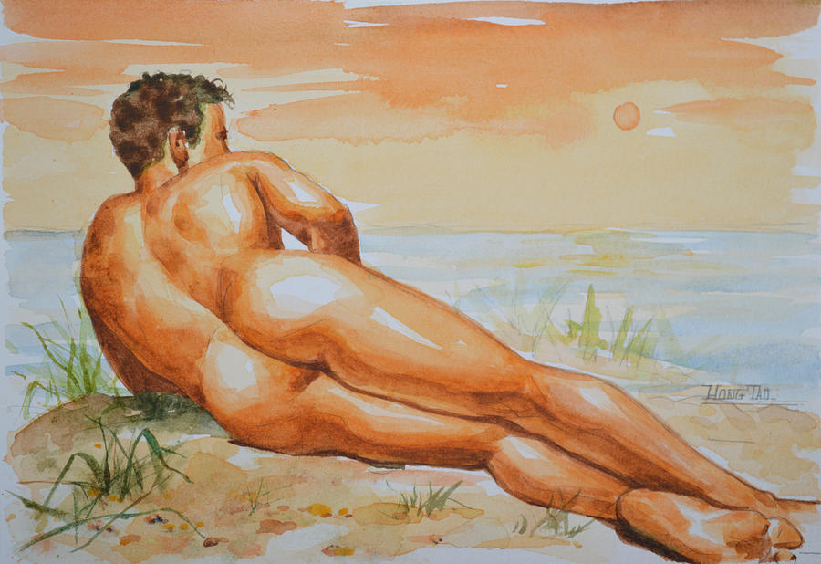 Original Watercolor Painting Artwork Male Nude Gay Men On Canvas 10 07 Painting By Hongtao Huang