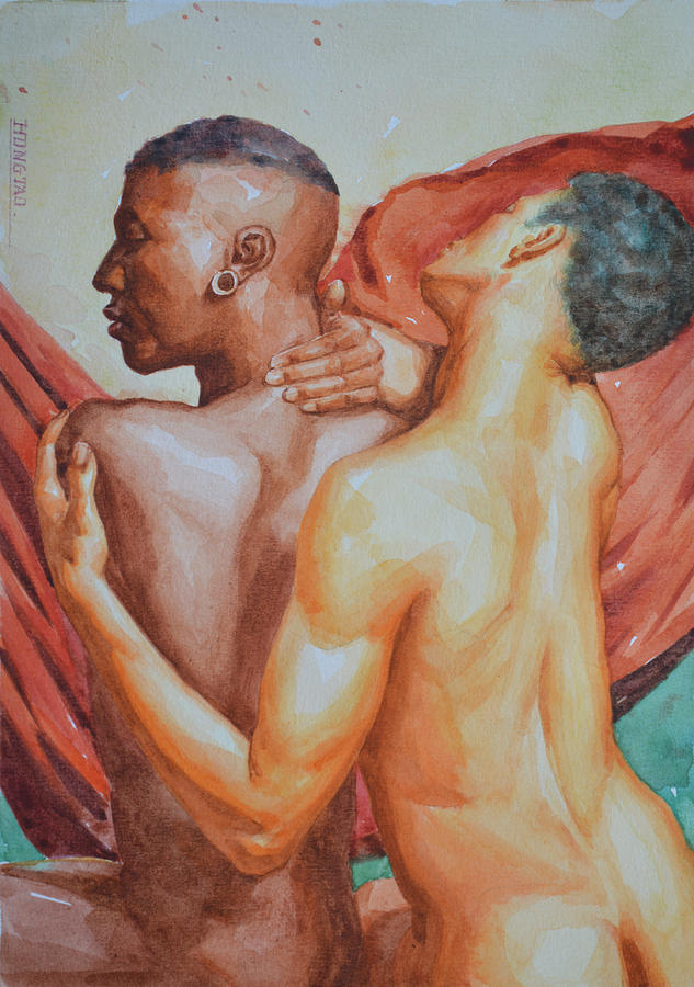 Original Watercolor Painting Artwork Male Nude Gay Men On Paper#10-25-01 Painting by Hongtao Huang
