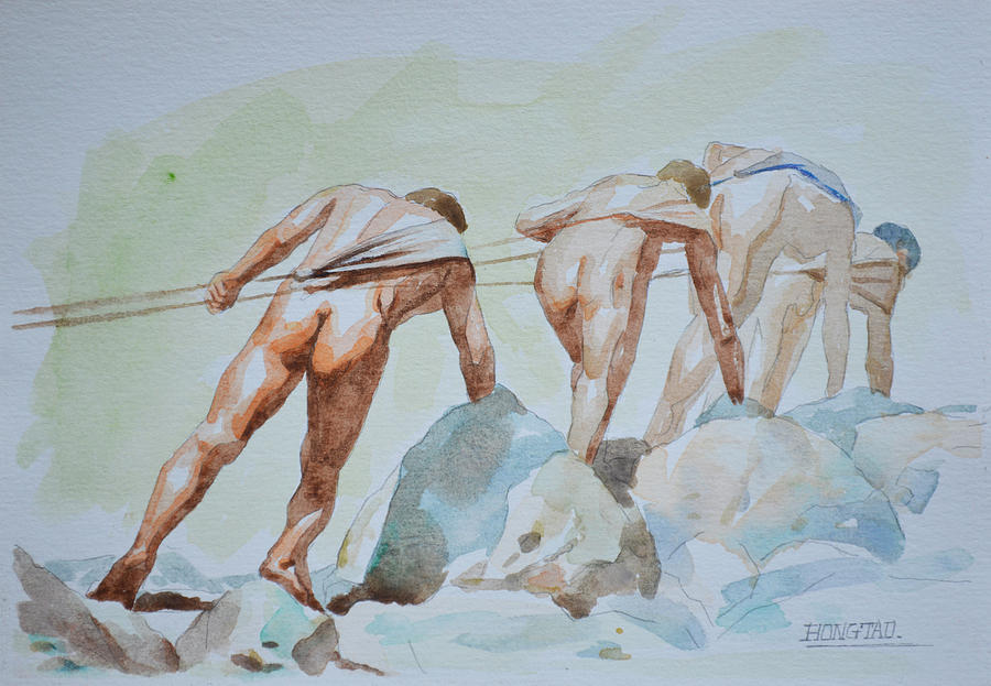 Original Watercolor Painting Artwork Male Nude Man Gay Interest On Paper #8-022-1 Painting by Hongtao Huang