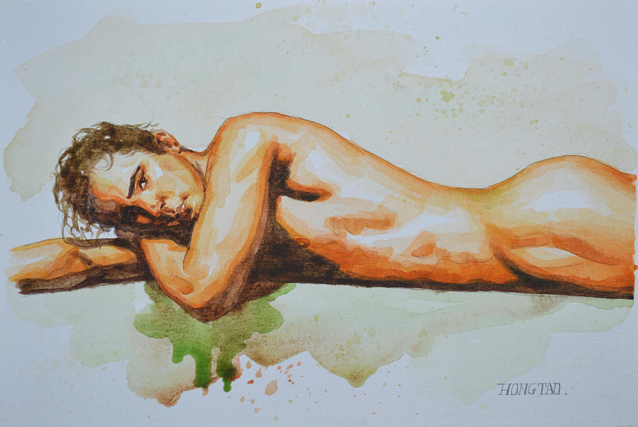 Original Watercolor Painting Artwork Male Nude Man Gay Interest On Paper #8-022 Painting by Hongtao Huang