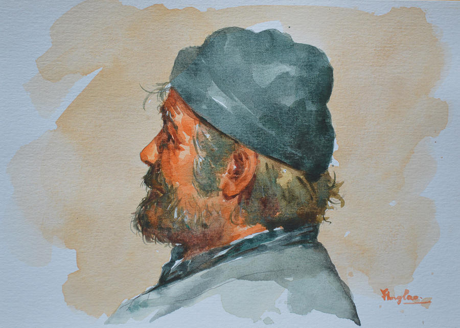 Original Watercolor Painting Artwork Portrait Of Old Men On Paper #11-16-03 Painting by Hongtao Huang