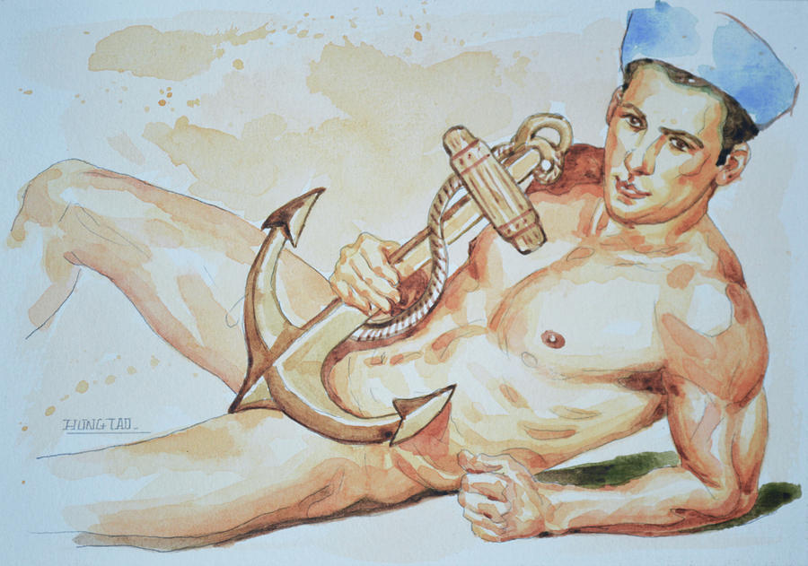 Original Watercolor Painting Artwork Sailor Male Nude Man Gay Interest On Paper #9-015 Painting by Hongtao Huang