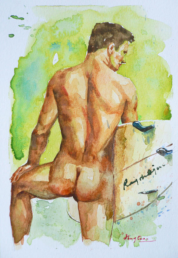 Original Watercolor Painting Drawing Art Male Nude Gay Man Boy By Hongtao#519 Painting by Hongtao Huang