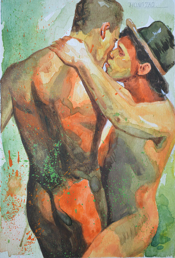 Original Watercolor Painting Drawing Art Male Nude Gay Man On Paper#510-1 Painting by Hongtao Huang